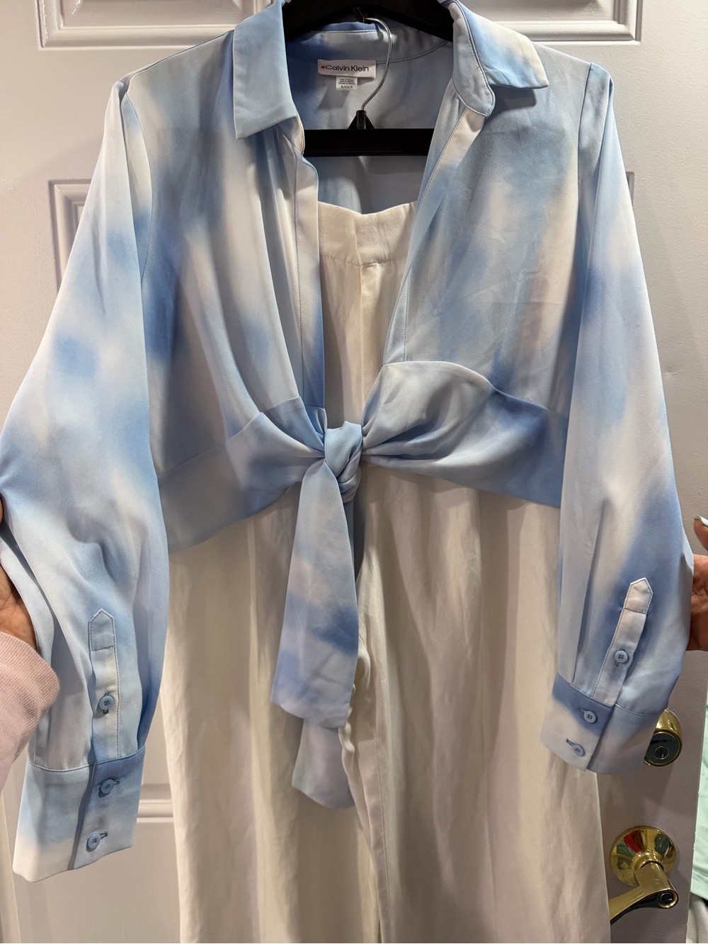 Calvin Klein Light Blue Tie-Front Sheer Button-Down